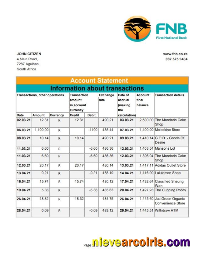 South Africa FNB excel pdf